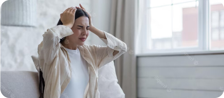 Woman with pained expression experiencing chronic headaches.