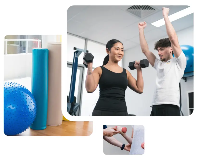 A series of images depicting a gym interior and physiotherapists assisting patients with physical exercises.